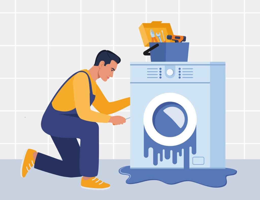 master-with-set-of-professional-tools-repairs-a-washing-machine-washing-machines-repair-service-man-character-in-uniform-and-washing-machine-with-a-breakdown-illustration-vector
